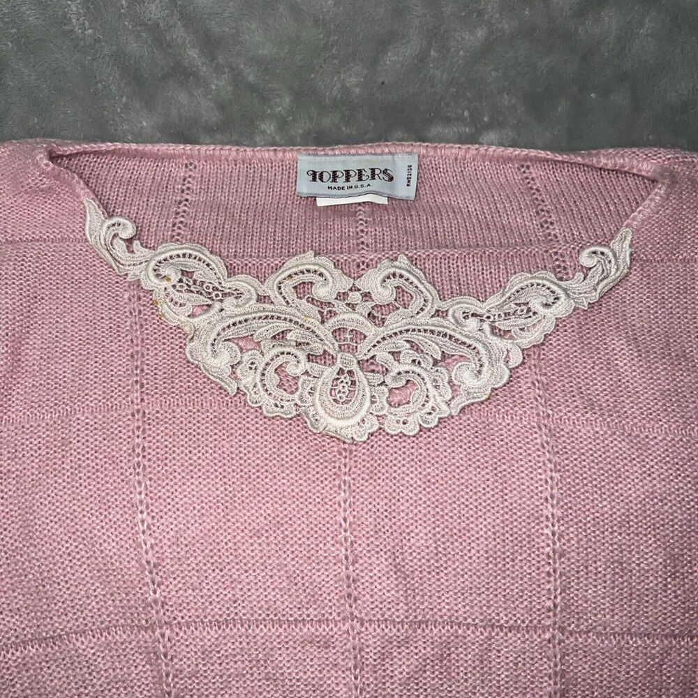 Toppers Vintage 50/60s Womens M Knit Sweater Pink Check w/Lace Collar USA Made - Picture 3 of 8
